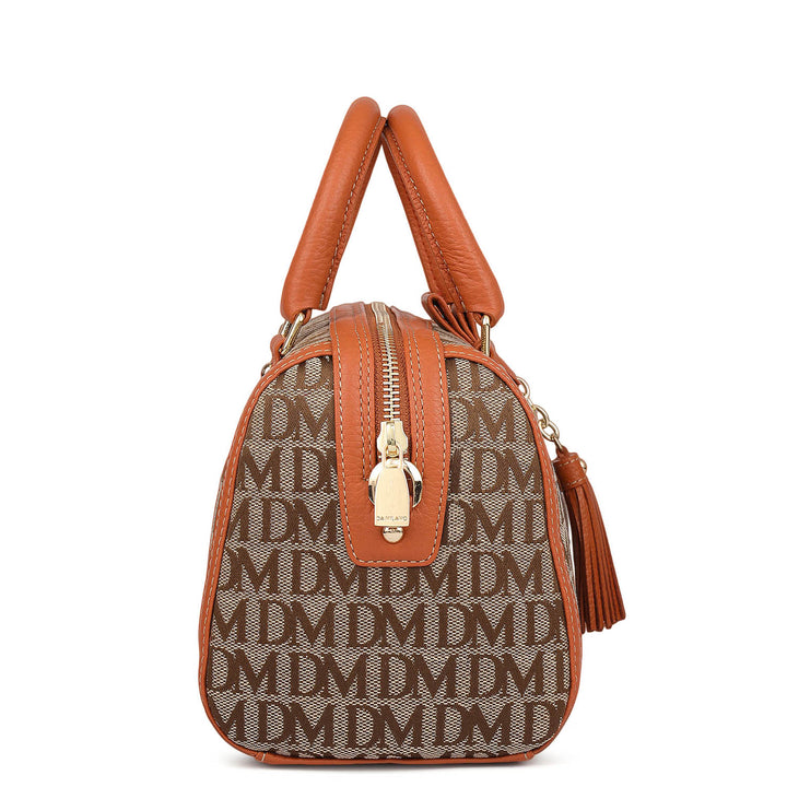 Small Canvas Wax Leather Satchel - Beige & Orange