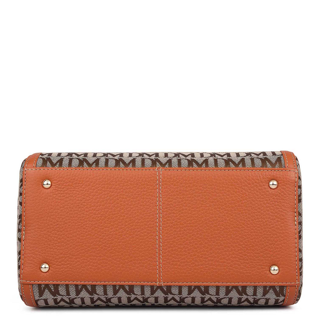 Small Canvas Wax Leather Satchel - Beige & Orange