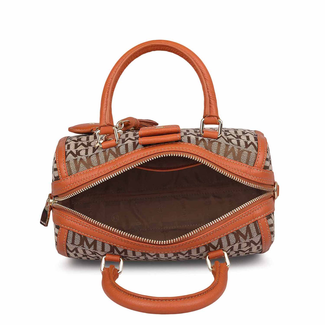 Small Canvas Wax Leather Satchel - Beige & Orange