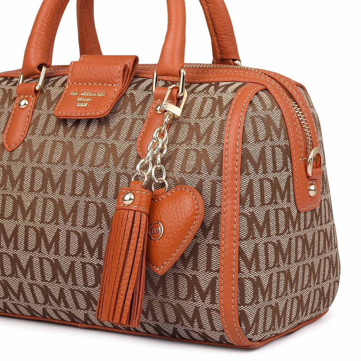 Small Canvas Wax Leather Satchel - Beige & Orange