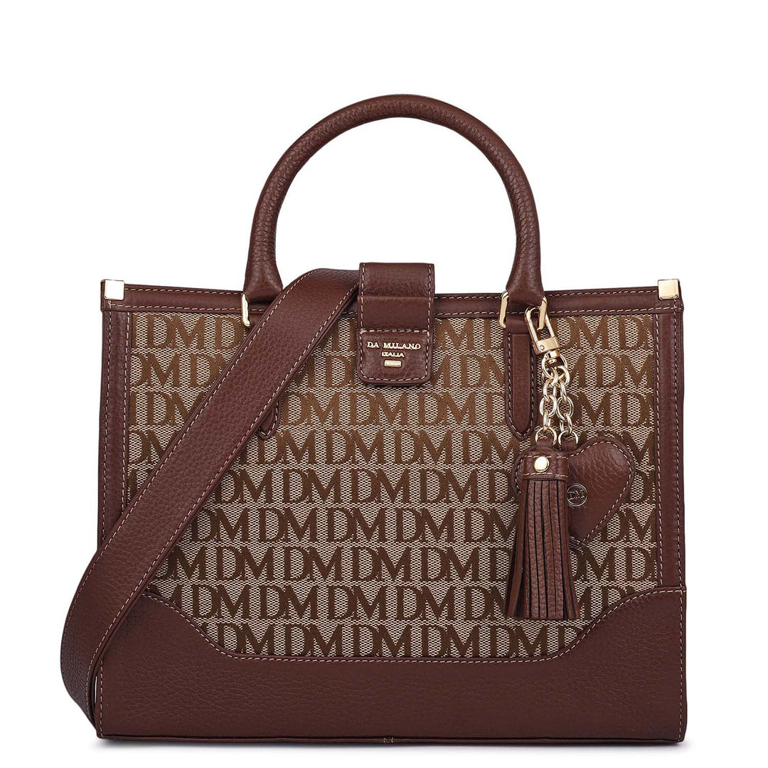 Small Canvas Wax Leather Book Tote - Beige & Espresso