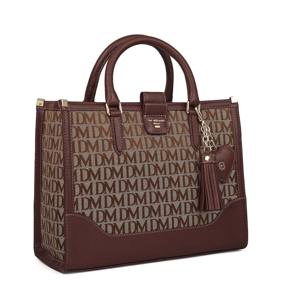 Small Canvas Wax Leather Book Tote - Beige & Espresso