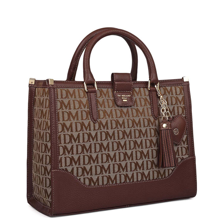 Small Canvas Wax Leather Book Tote - Beige & Espresso