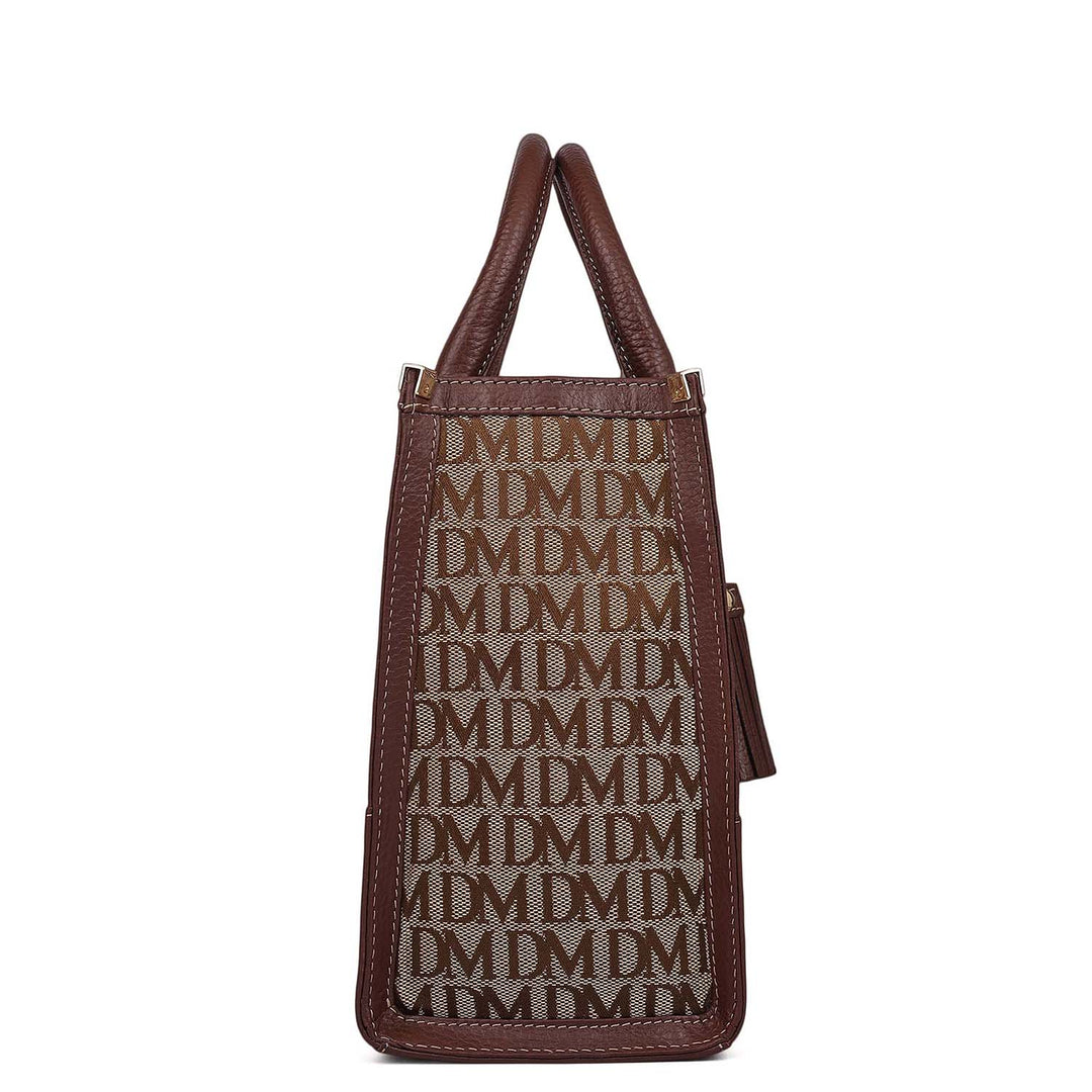 Small Canvas Wax Leather Book Tote - Beige & Espresso