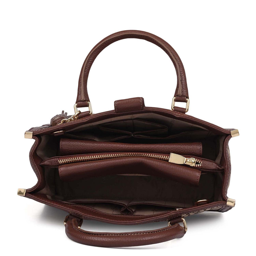 Small Canvas Wax Leather Book Tote - Beige & Espresso