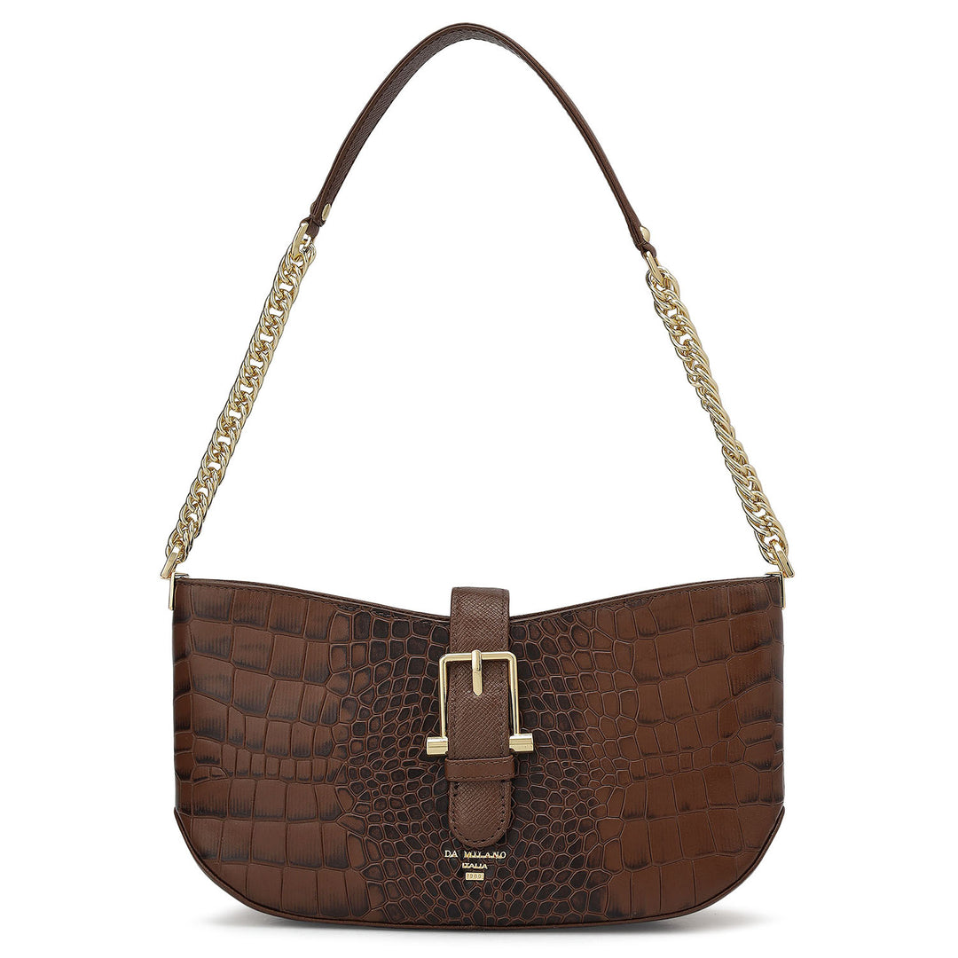 Small Croco Leather Baguette - Brown