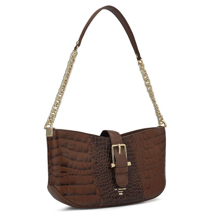 Small Croco Leather Baguette - Brown