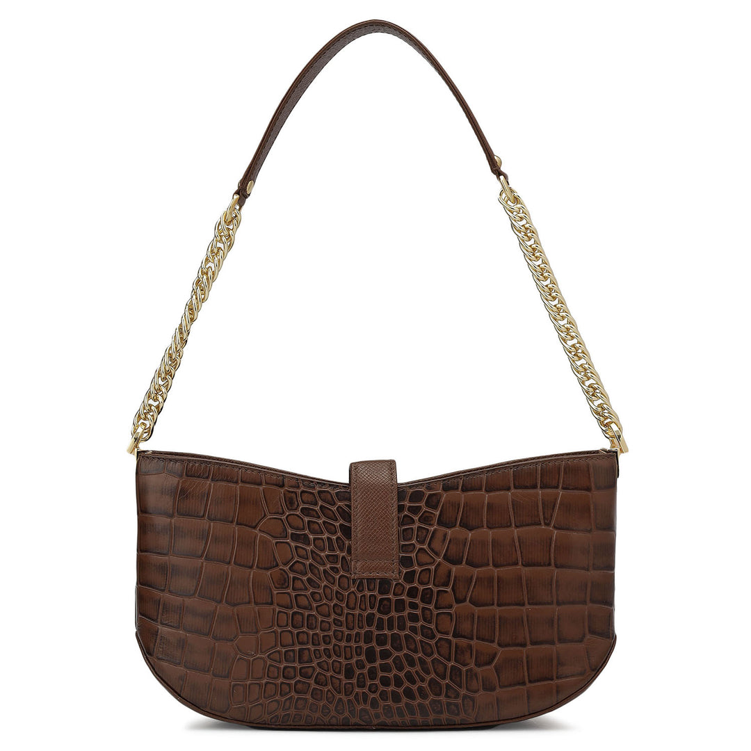 Small Croco Leather Baguette - Brown