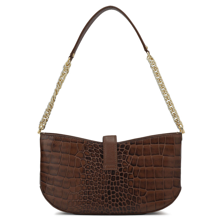 Small Croco Leather Baguette - Brown