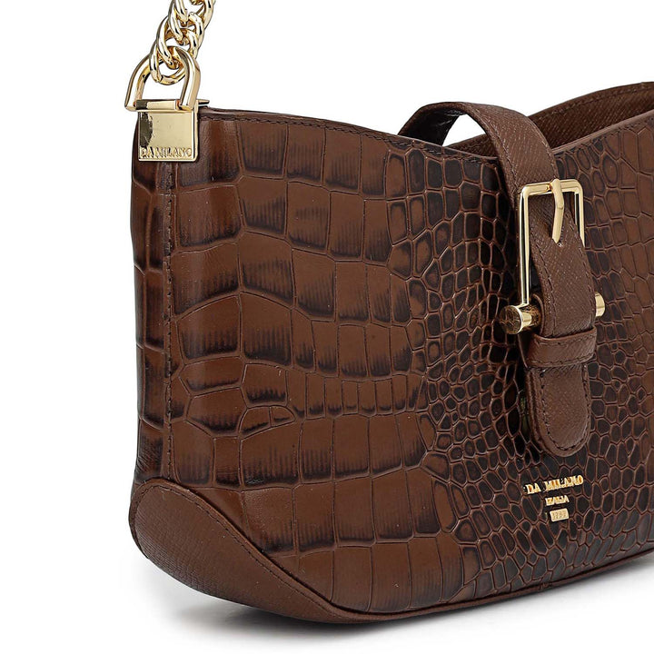 Small Croco Leather Baguette - Brown