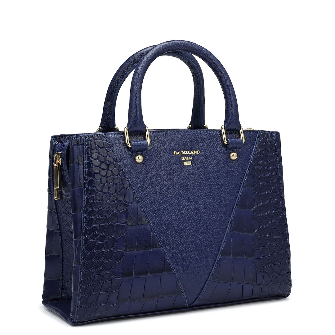 Small Croco Franzy Leather Satchel - Ink Blue