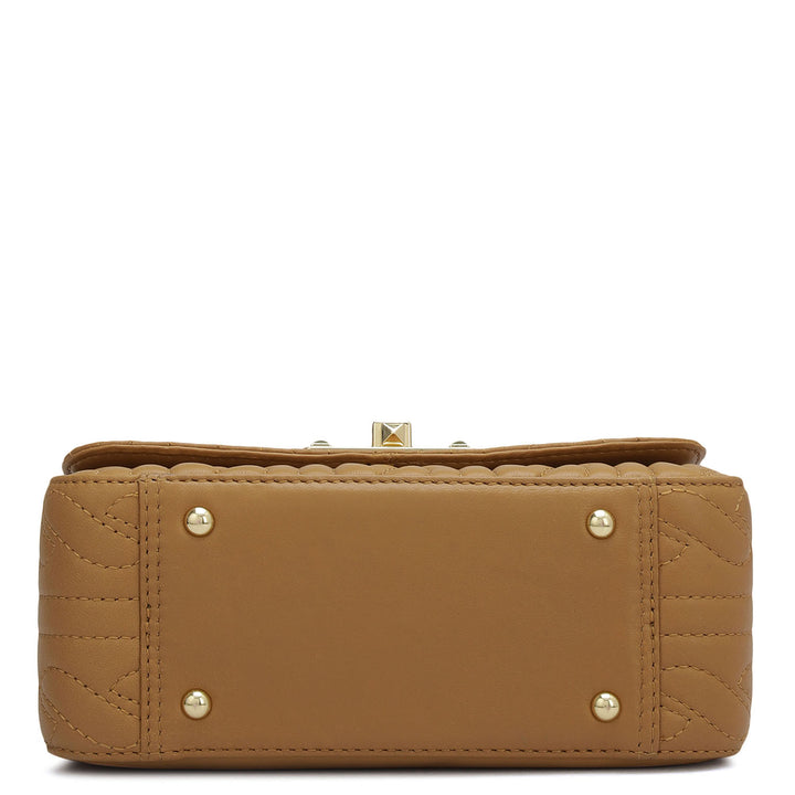 Small Quilting Plain Leather Shoulder Bag - Cognac