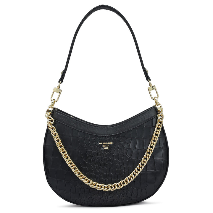 Small Croco Leather Baguette - Black