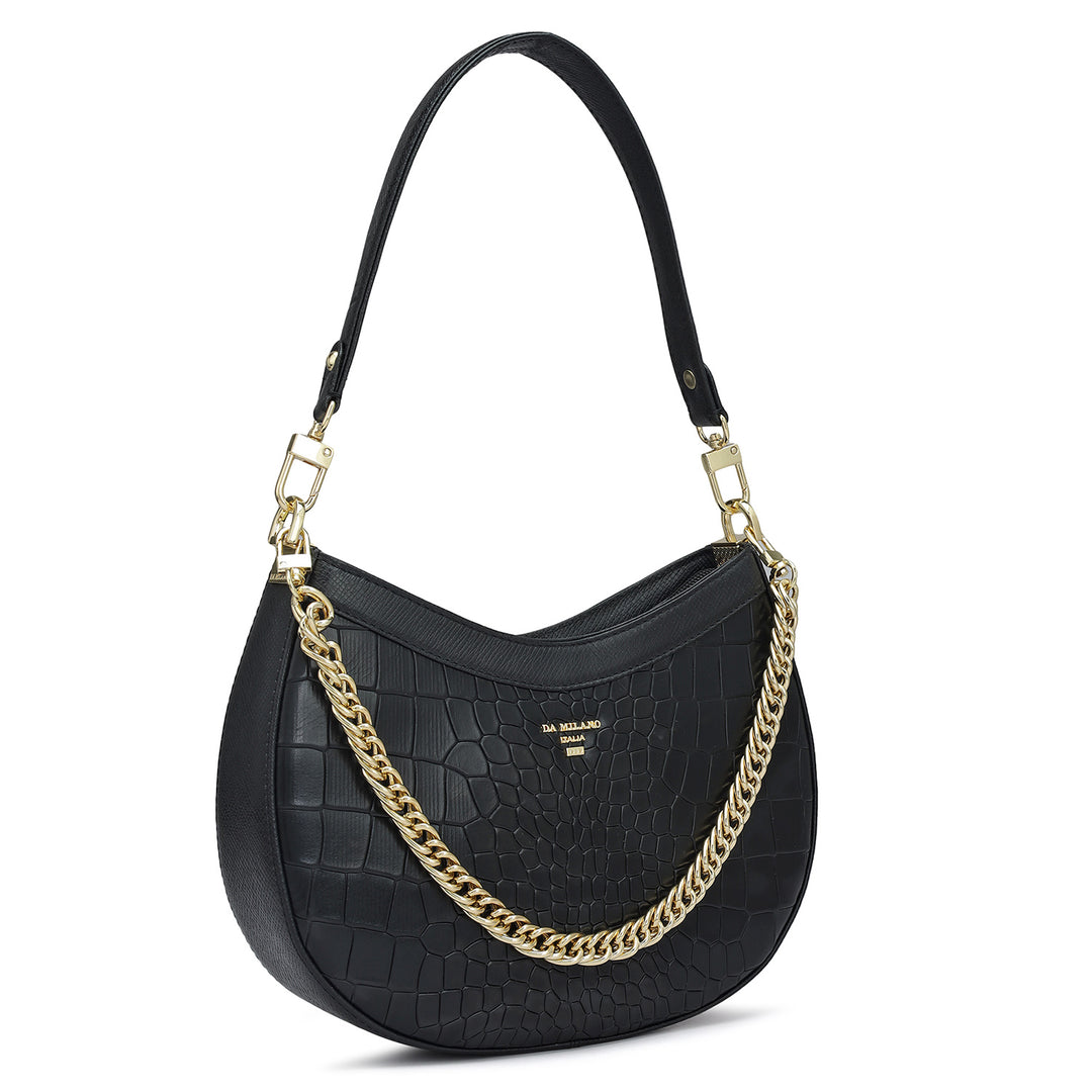 Small Croco Leather Baguette - Black