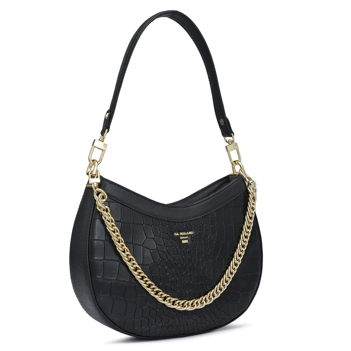 Small Croco Leather Baguette - Black