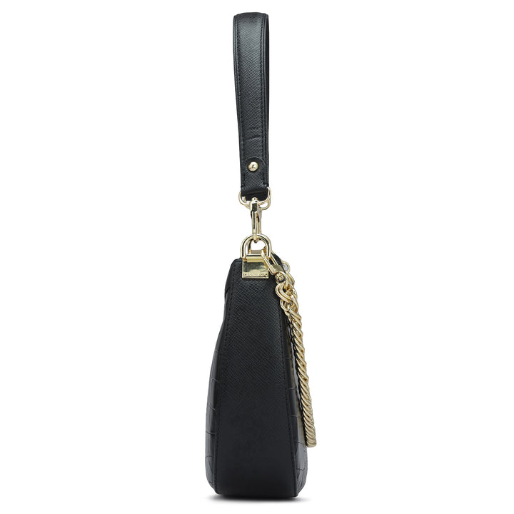 Small Croco Leather Baguette - Black
