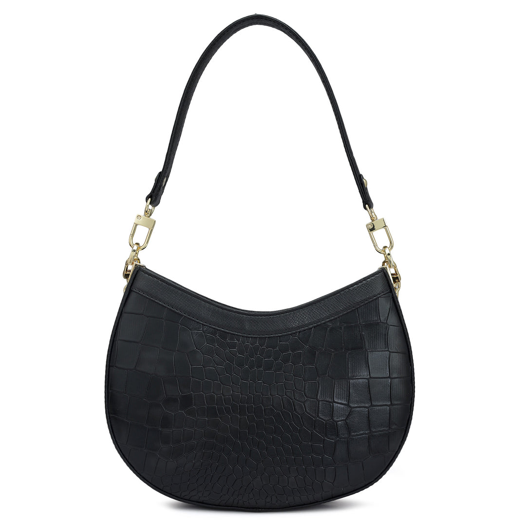 Small Croco Leather Baguette - Black