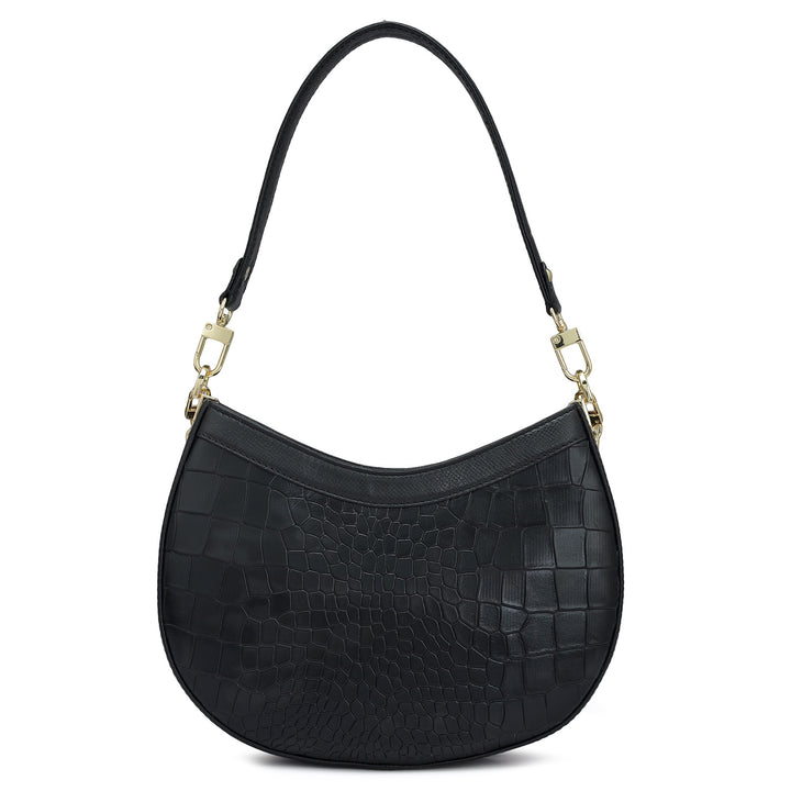 Small Croco Leather Baguette - Black