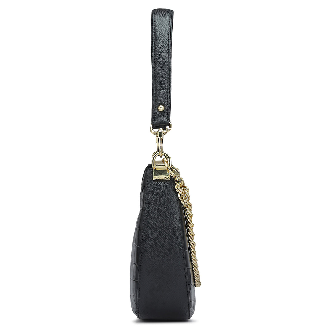 Small Croco Leather Baguette - Black