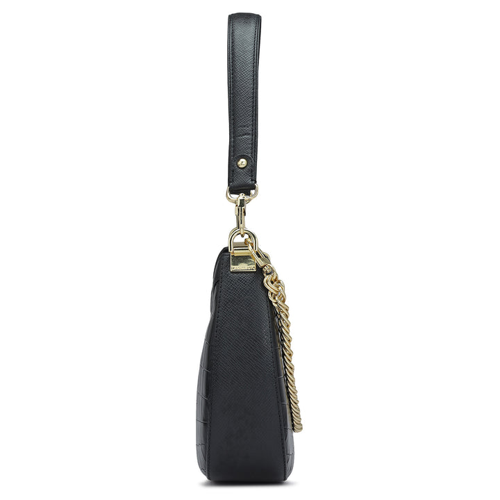 Small Croco Leather Baguette - Black