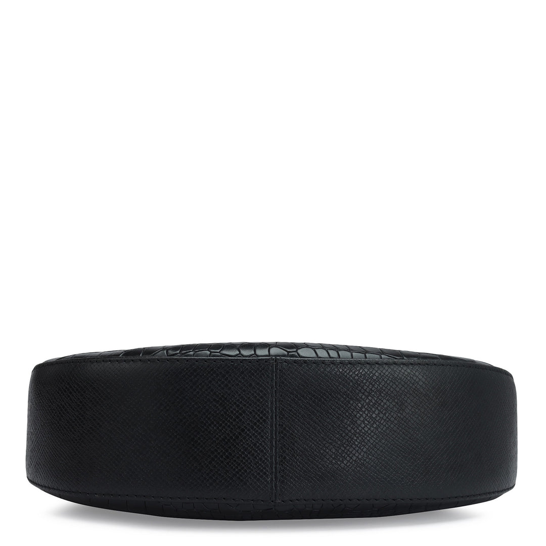 Small Croco Leather Baguette - Black