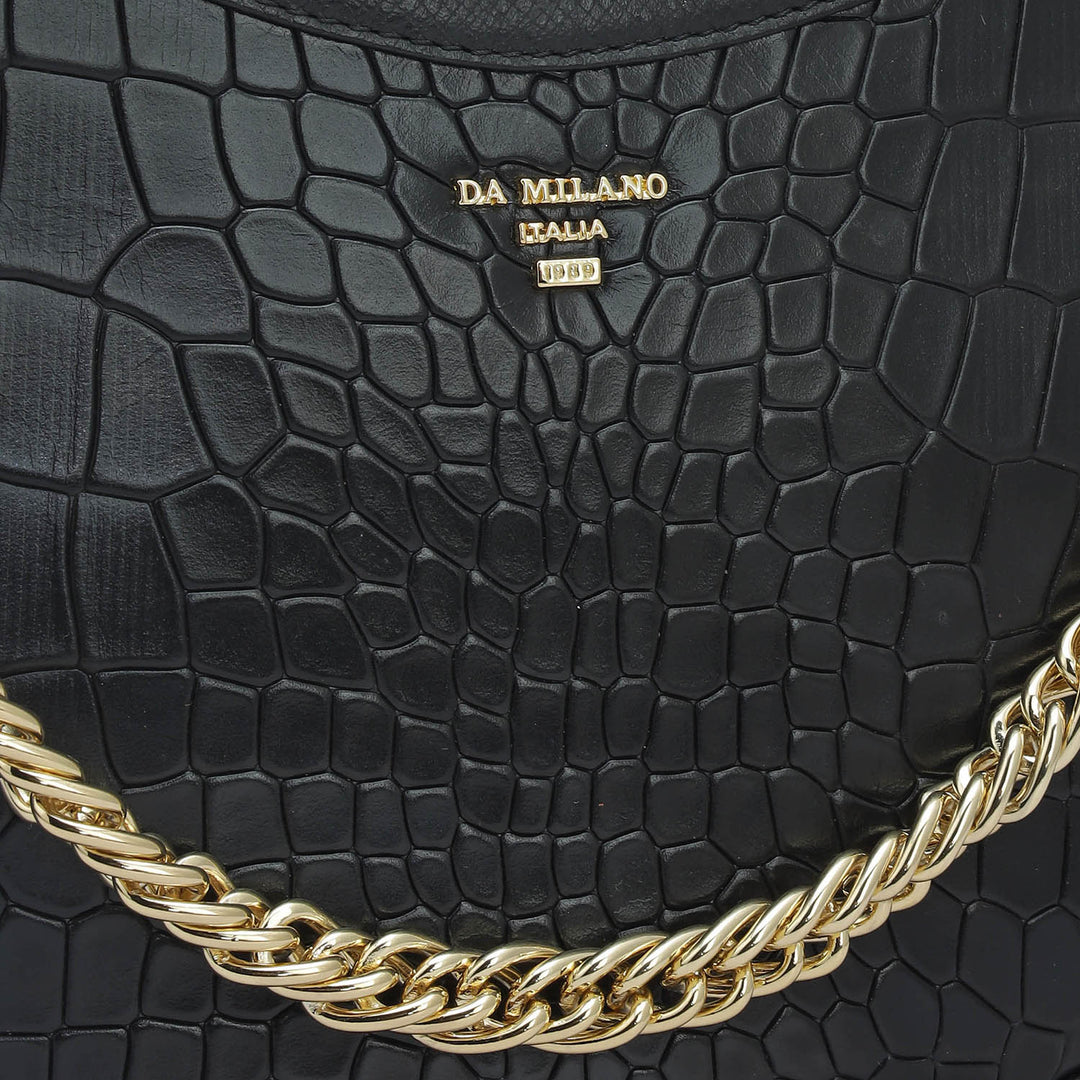 Small Croco Leather Baguette - Black