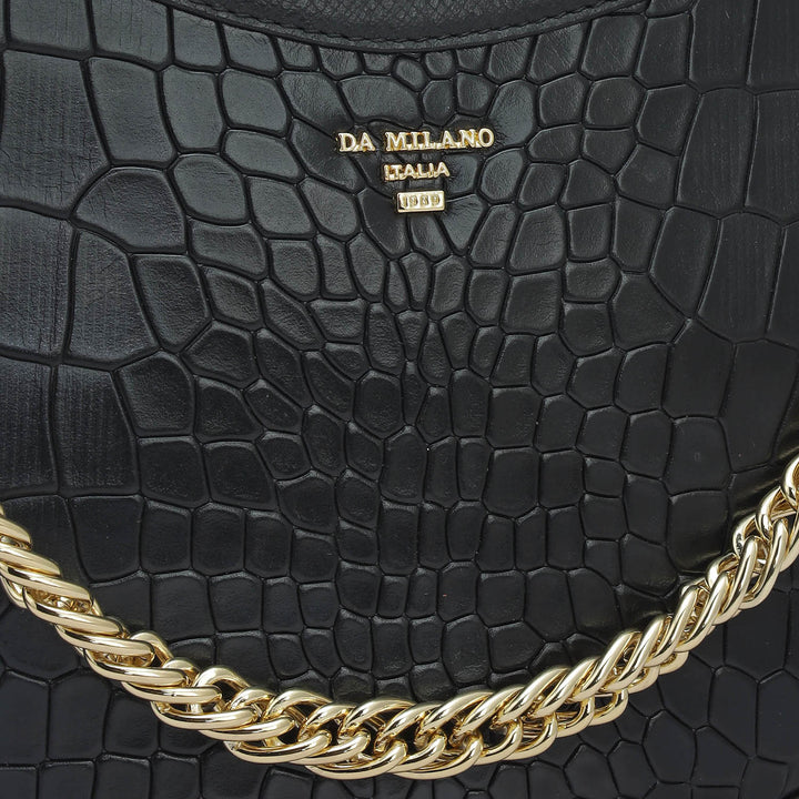 Small Croco Leather Baguette - Black