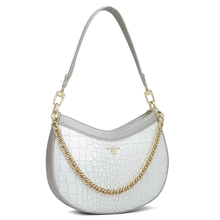 Small Croco Leather Baguette - Pearl