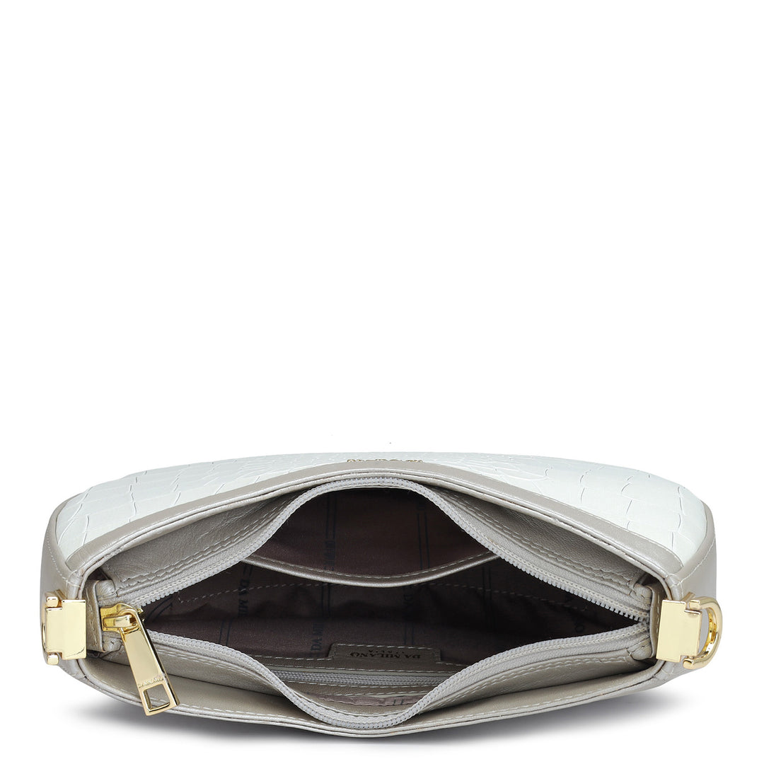 Small Croco Leather Baguette - Pearl