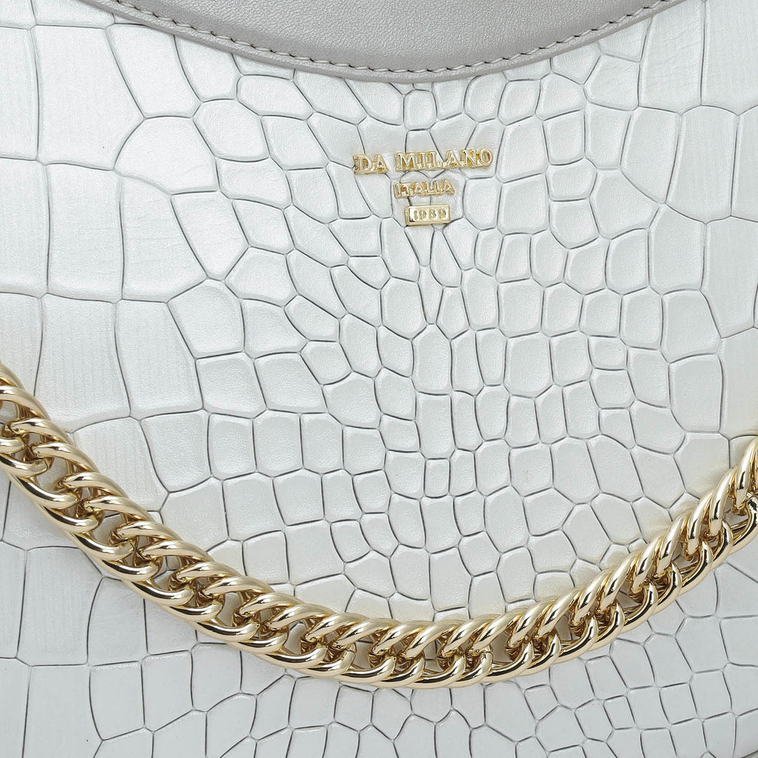 Small Croco Leather Baguette - Pearl