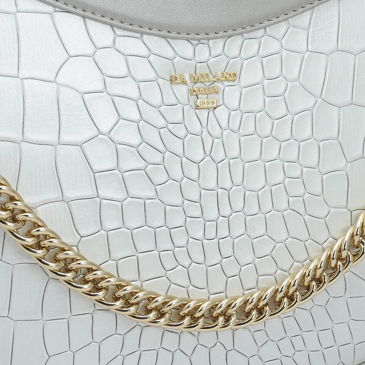 Small Croco Leather Baguette - Pearl