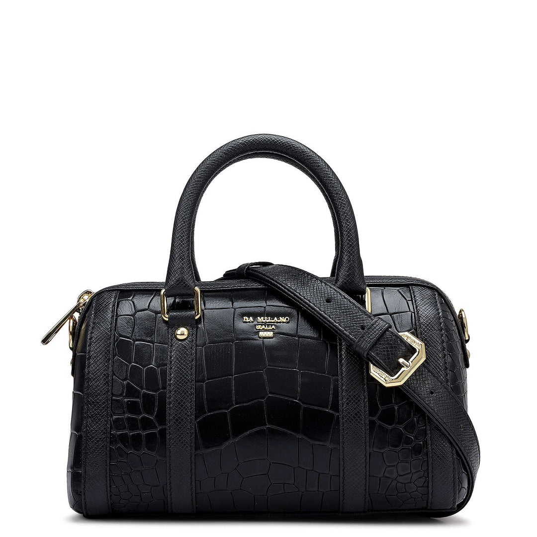 Small Croco Leather Satchel - Black
