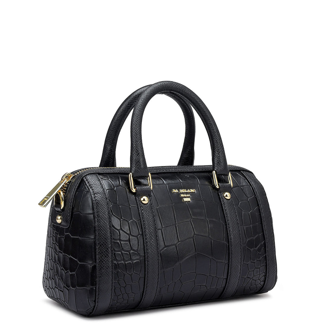 Small Croco Leather Satchel - Black