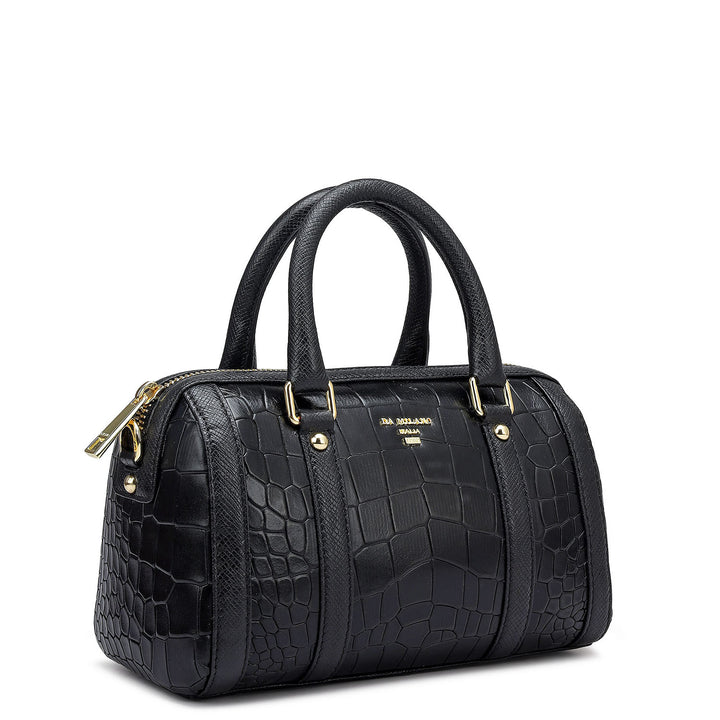 Small Croco Leather Satchel - Black