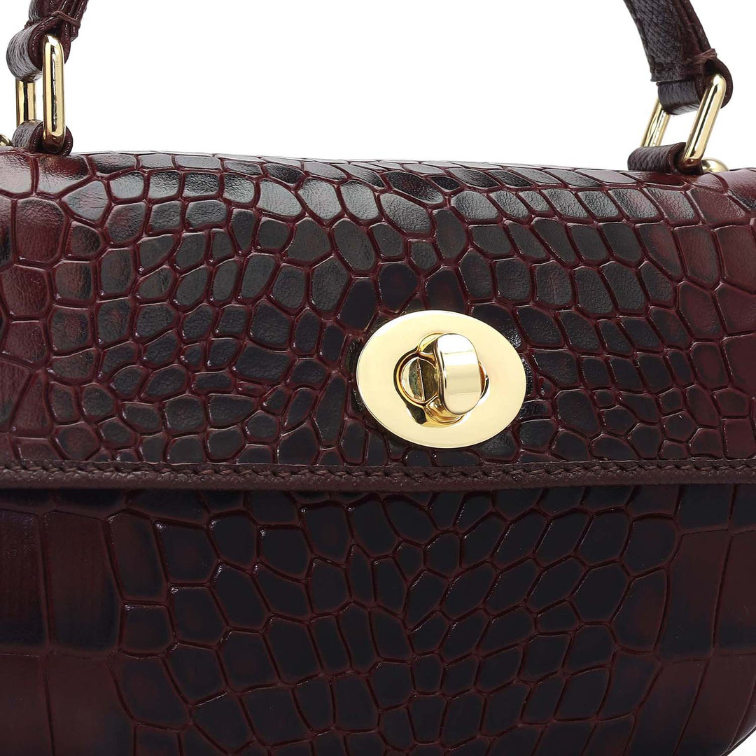 Small Croco Leather Satchel - Wine