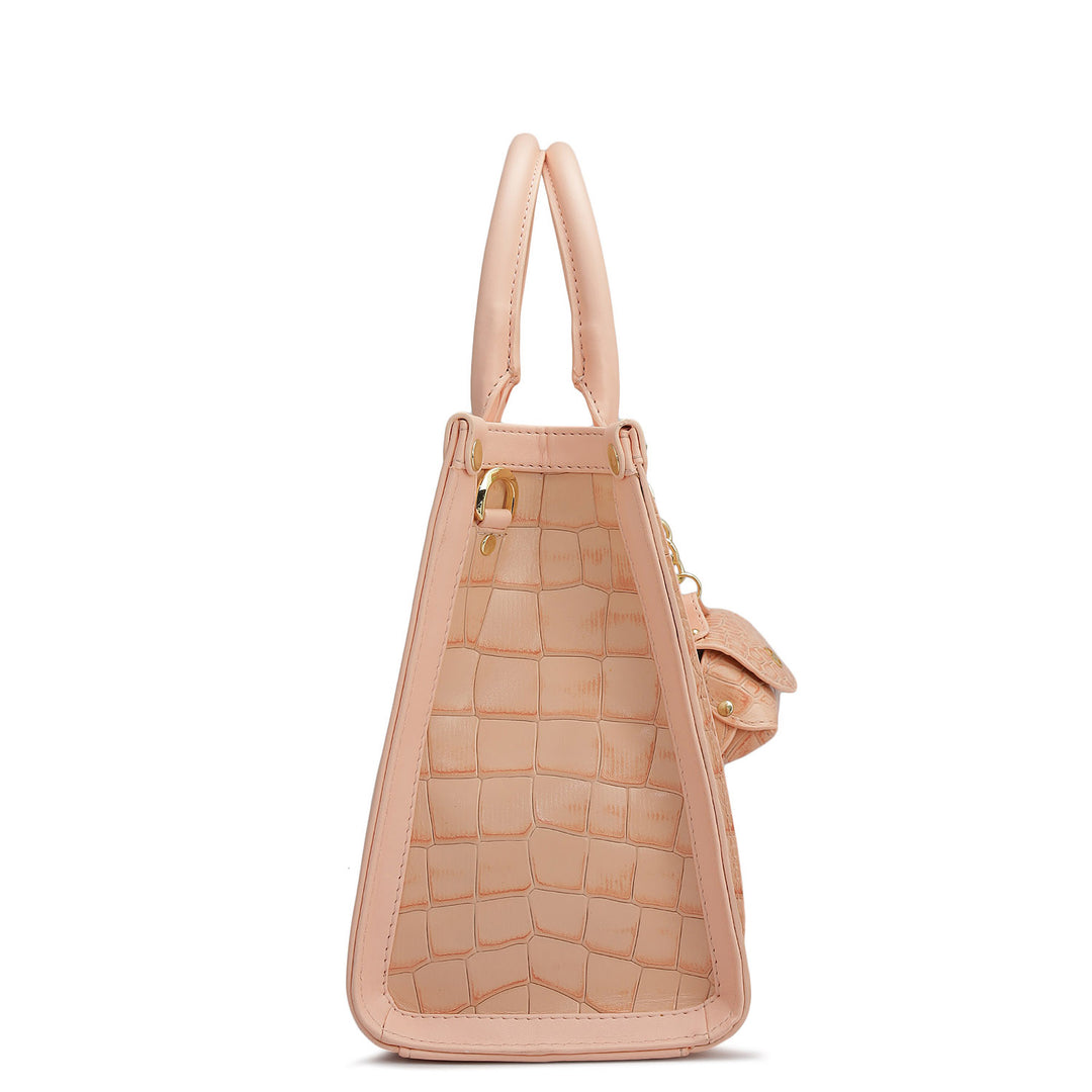 Small Croco Plain Leather Satchel - Peach