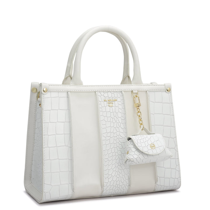 Small Croco Plain Leather Satchel - Snow