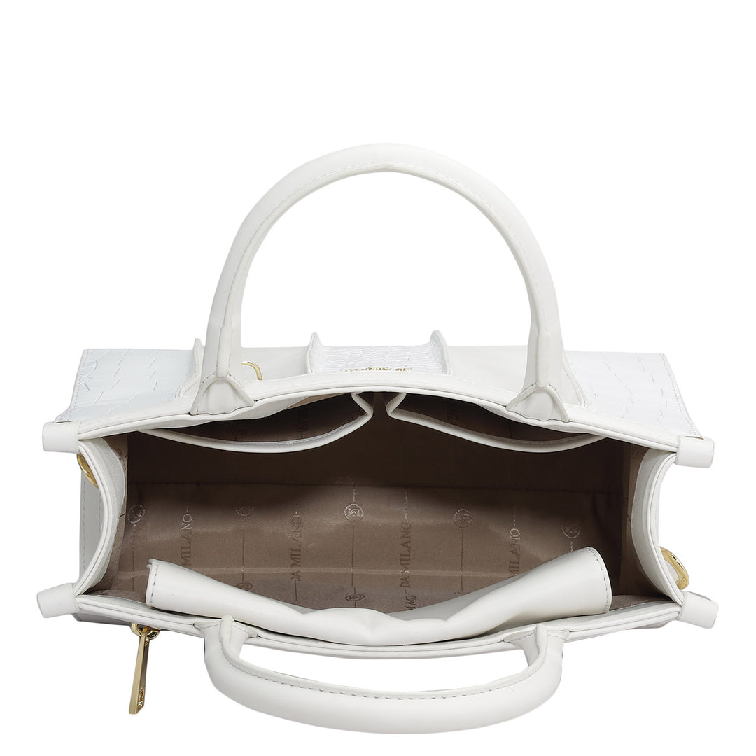 Small Croco Plain Leather Satchel - Snow