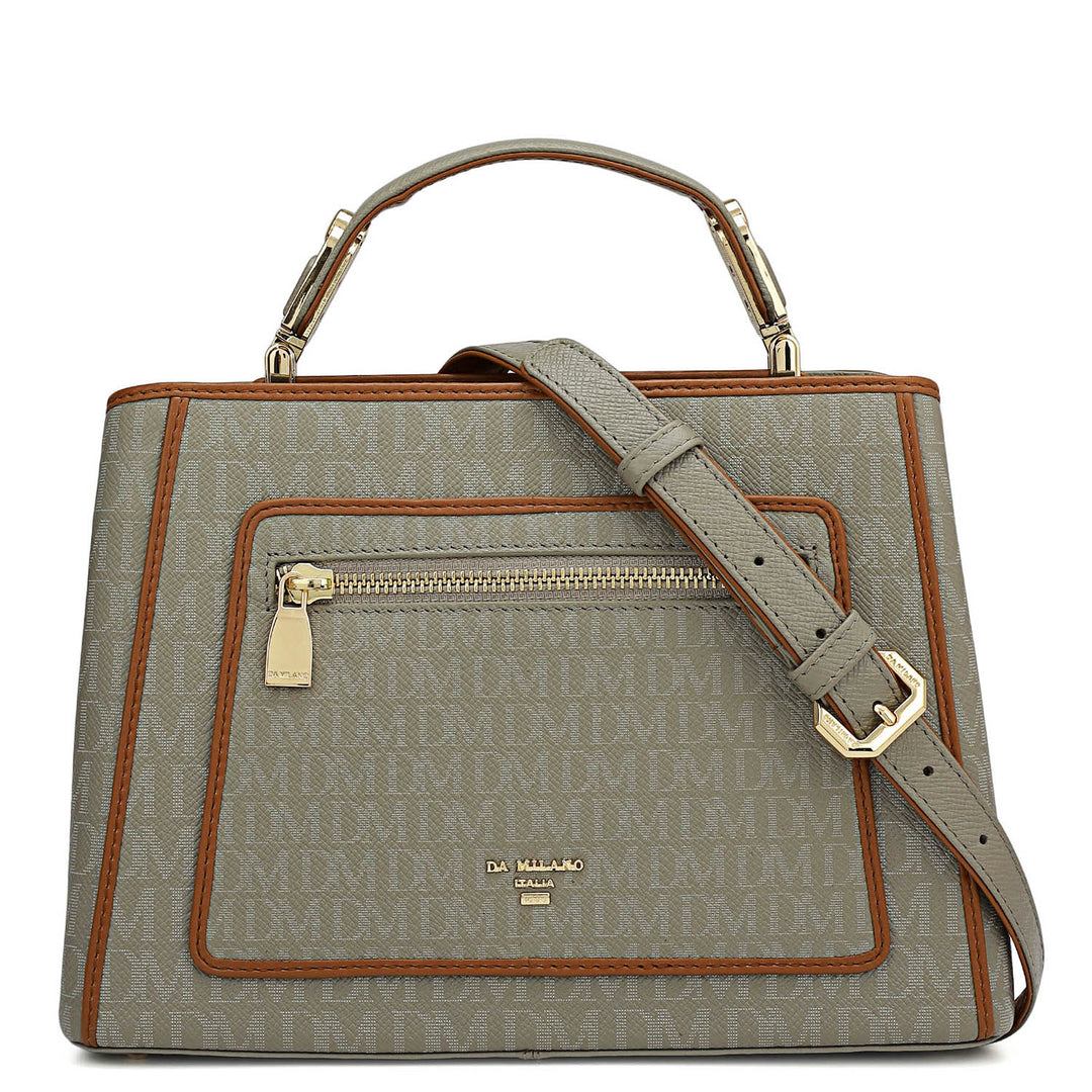 Small Monogram Leather Satchel - Stone Grey