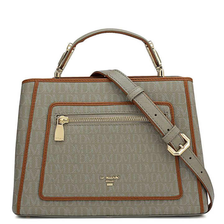 Small Monogram Leather Satchel - Stone Grey