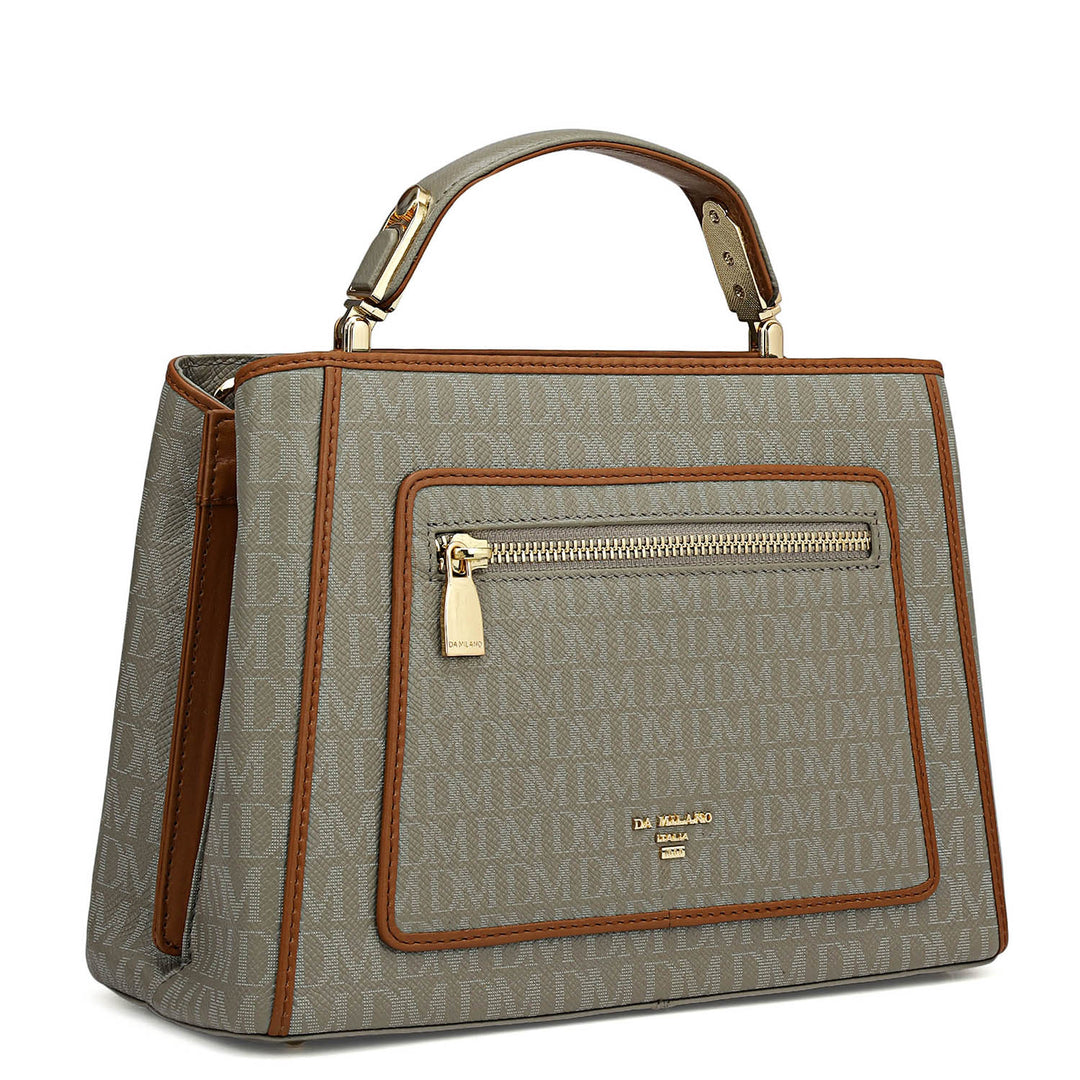 Small Monogram Leather Satchel - Stone Grey