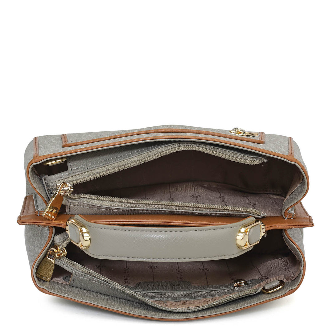 Small Monogram Leather Satchel - Stone Grey