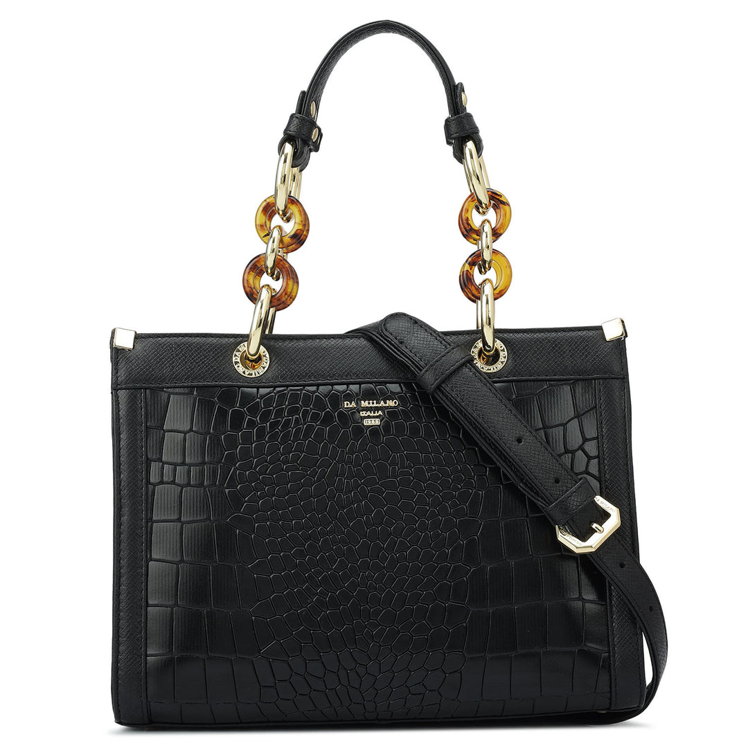 Small Croco Franzy Leather Satchel - Black