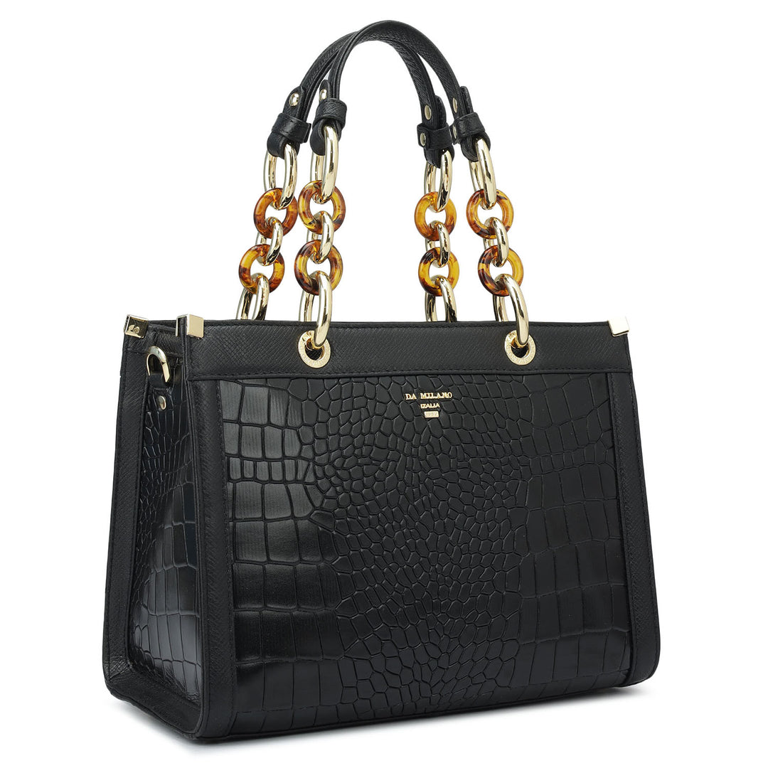 Small Croco Franzy Leather Satchel - Black