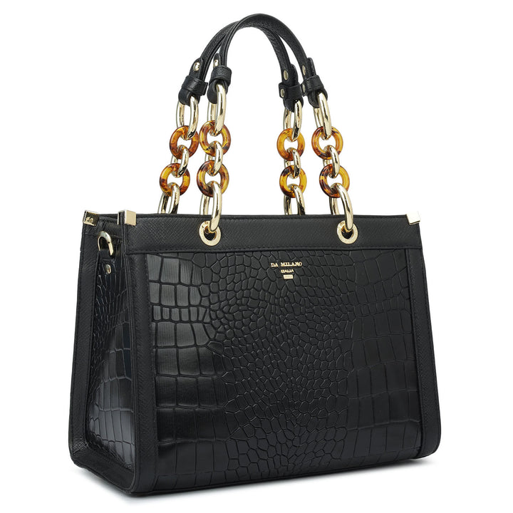 Small Croco Franzy Leather Satchel - Black