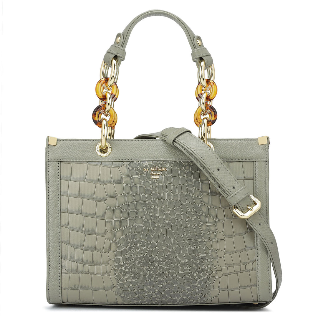 Small Croco Franzy Leather Satchel - Stone Grey