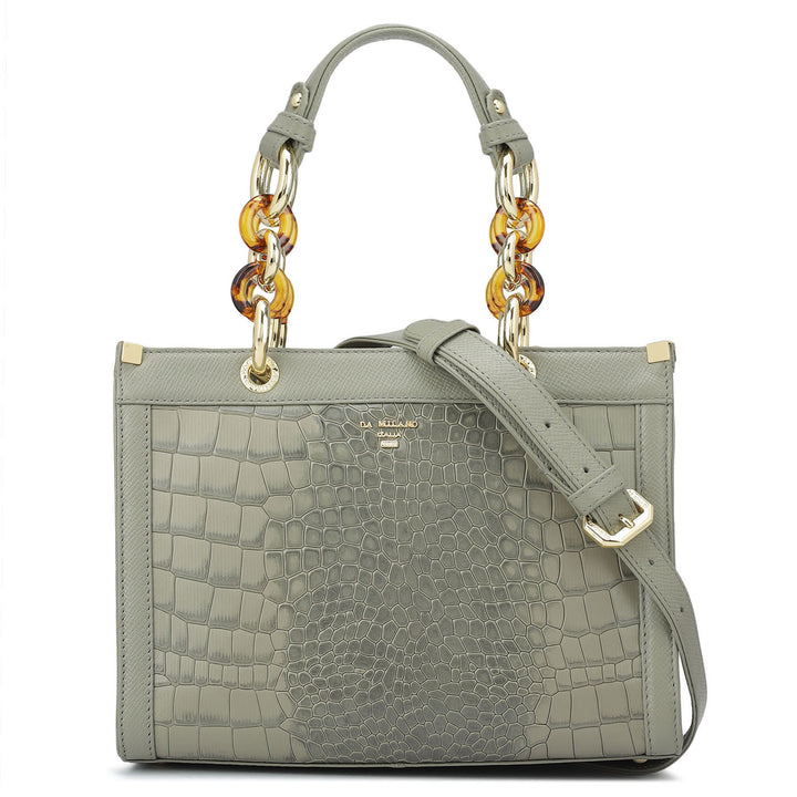 Small Croco Franzy Leather Satchel - Stone Grey
