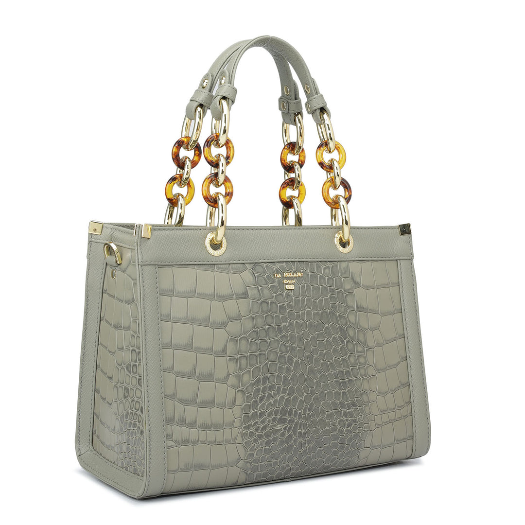 Small Croco Franzy Leather Satchel - Stone Grey