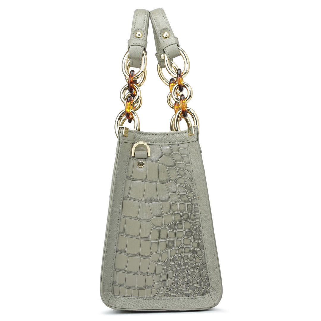 Small Croco Franzy Leather Satchel - Stone Grey