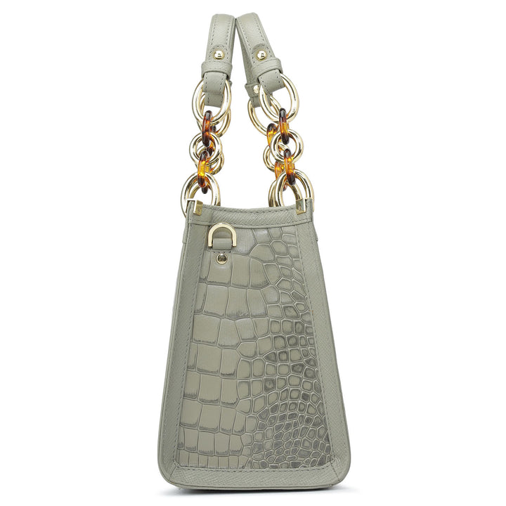 Small Croco Franzy Leather Satchel - Stone Grey